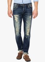 Slub Blue Mid Rise Slim Fit Jeans