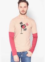 Campus Sutra Beige Printed Round Neck T-Shirts