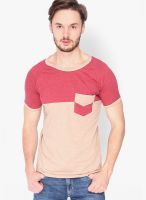 Campus Sutra Maroon Solid Round Neck T-Shirts