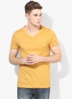 FREECULTR Yellow Solid V Neck T-Shirt