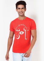 Jack & Jones Red Printed Round Neck T-Shirts