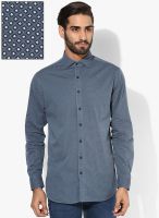 Mango Man Navy Blue Printed Casual Shirt