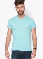 Mufti Aqua Blue Solid V Neck T-Shirt