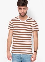 Mufti Brown Striped V Neck T-Shirt