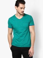 Mufti Green Solid V Neck T-Shirts