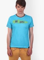 Smokestack Aqua Blue Printed Round Neck T-Shirts