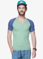 Tinted Green Solid V Neck T-Shirt