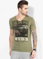 Tom Tailor Green Printed V Neck T-Shirt