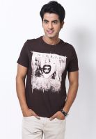 V Dot Brown Printed Round Neck T-Shirts