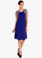109F Blue Colored Embroidered Skater Dress