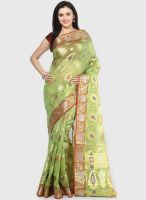 Bunkar Organza Cotton Fancy Banarasi Green Saree