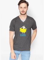 Campus Sutra Grey Printed V Neck T-Shirt