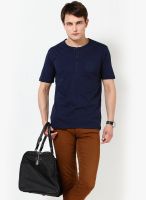 FREECULTR Navy Blue Solid Henley T-Shirts