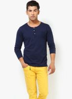 FREECULTR Navy Blue Solid Henley T-Shirts