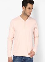 Jack & Jones Pink Solid Henley T-Shirts