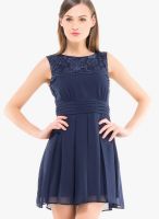 Kazo Navy Blue Colored Solid Skater Dress