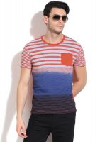 Lee Striped Men's Round Neck Grey, Blue, Orange T-Shirt