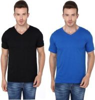 Meedo Solid Men's V-neck Black, Blue T-Shirt(Pack of 2)