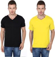 Meedo Solid Men's V-neck Black, Yellow T-Shirt(Pack of 2) Meedo Solid Men's V-neck Black, Yellow T-Shirt(Pack of 2)
