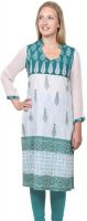 Missprint Printed Women's Straight Kurta(White, Green) Missprint Printed Women's Straight Kurta(White, Green)