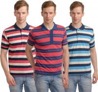 Superjoy Striped Men's Polo Neck Red, Light Blue, Pink T-Shirt(Pack of 3)