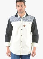 Vintage Cream Printed Linen Slim Fit Casual Shirt