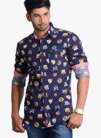 Vintage Navy Blue Printed Slim Fit Casual Shirt