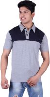 Vivid Bharti Solid Men's Polo Neck Dark Blue, Grey T-Shirt