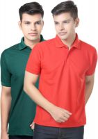eSOUL Solid Men's Polo Neck Dark Green, Red T-Shirt(Pack of 2)
