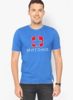 Campus Sutra Blue Printed Round Neck T-Shirts