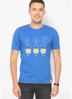 Campus Sutra Blue Printed Round Neck T-Shirts