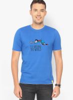 Campus Sutra Blue Solid Round Neck T-Shirts