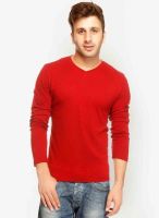 Gritstones Maroon Solid V Neck T-Shirts