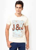 Jack & Jones Cream Solid Round Neck T-Shirts