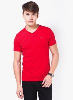 Jack & Jones Red Solid V Neck T-Shirts