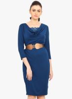 Saiesta Navy Blue Colored Solid Bodycon Dress With Belt