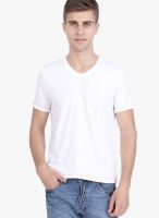 Slub White Solid V Neck T-Shirts