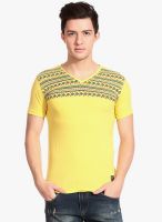 Tinted Yellow Printed V Neck T-Shirt