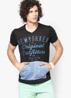 WYM Black Printed V Neck T-Shirts