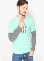 Campus Sutra Green Printed Round Neck T-Shirts