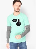 Campus Sutra Green Printed Round Neck T-Shirts