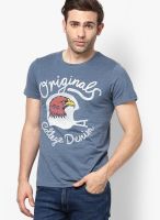 Jack & Jones Blue Printed Round Neck T-Shirts