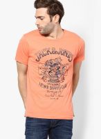 Jack & Jones Orange Printed Round Neck T-Shirts