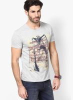 Lee Grey Milange Printed Round Neck T-Shirts