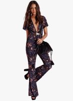 Missguided Black Floral Plunge Wide Leg Jumpsuit