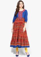 Sangria Border Printed Tier Kurta With Solid Embroidered Yoke And 3/4Th Sleeves