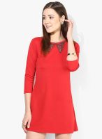Calgari Red Colored Embellished Shift Dress