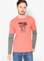 Campus Sutra Peach Printed Round Neck T-Shirts