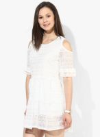 JC Collection White Colored Solid Skater Dress