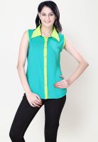 Raindrops Sleeve Less Solid Green Shirt